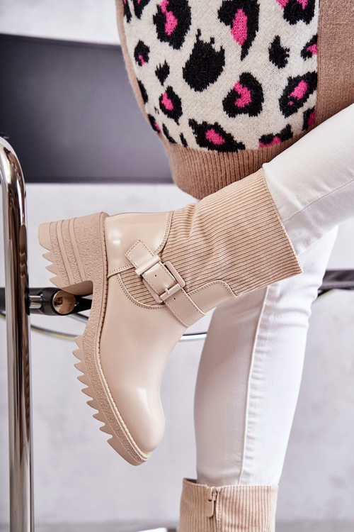 Жіночі теплі черевики на масивному каблуці бежеві Marinela