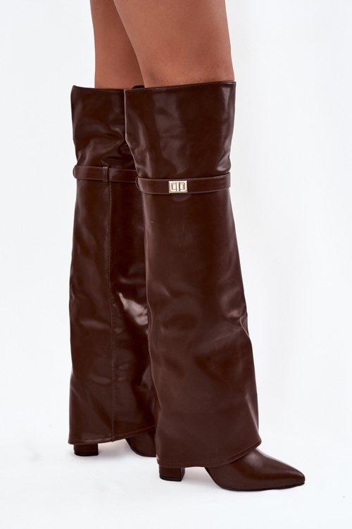 Теплі чоботи з підвернутим верхом над коліном каблук блок коричневі Serelle