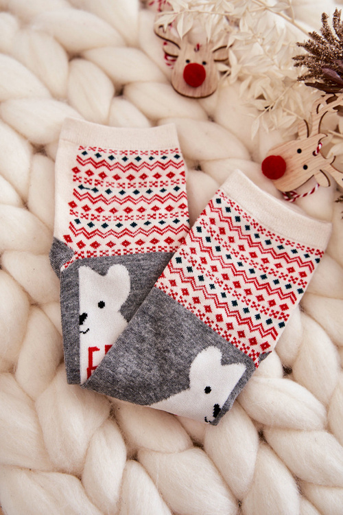 Жіночі шкарпетки новорічні візерунки з білим ведмедиком сірі