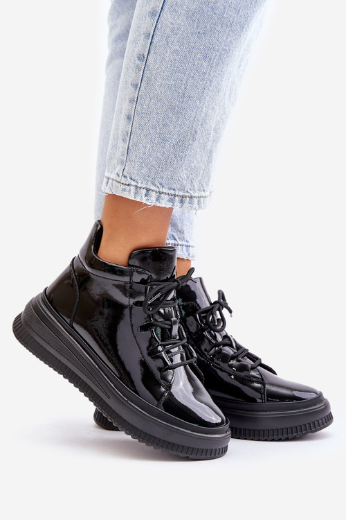 Легке лаковане спортивне взуття на платформі з натуральної шкіри Artiker 55C1049 Чорне