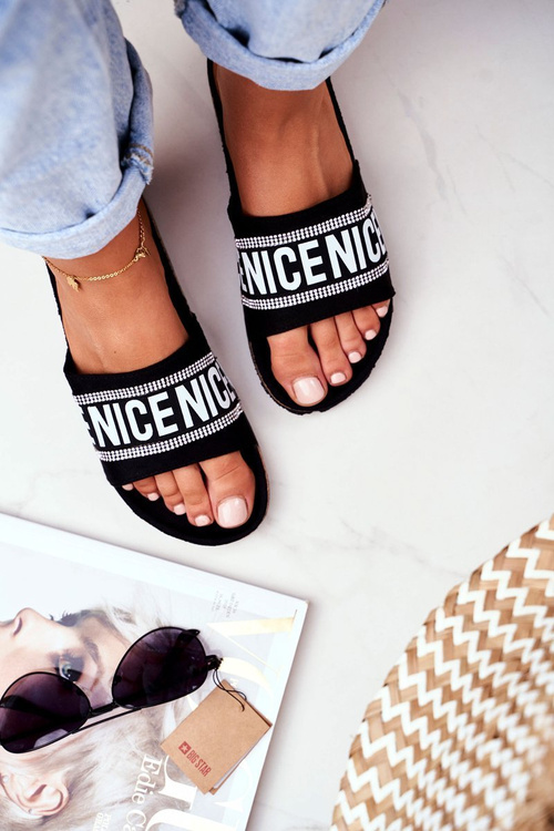 Тапочки на корковій підошві з кубічним цирконієм, чорні Be Nice