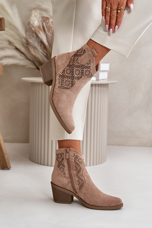 Перфоровані ковбойські ботильйони на блискавці Екозамшеві бежеві S.Barski HY42-944