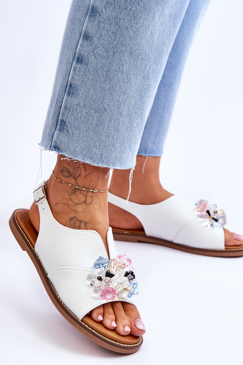 Жіночі шкіряні босоніжки з камінням Mersea білого кольору