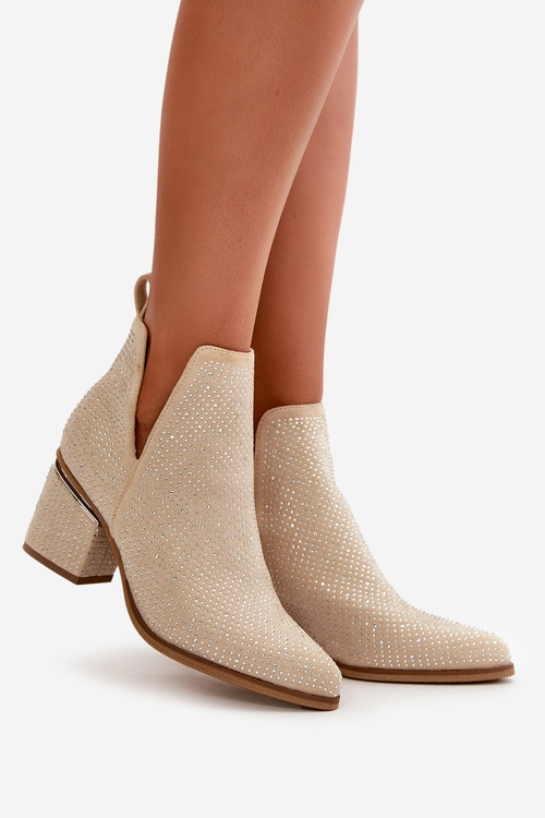 Жіночі чоботи з гострими носами на підборах з прикрасами бежеві Fararia