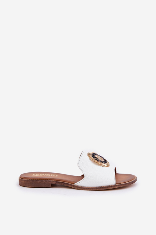 Шкіряні Сандалі З Декором На Плоскому Каблуці Білі Lewski 3047/O