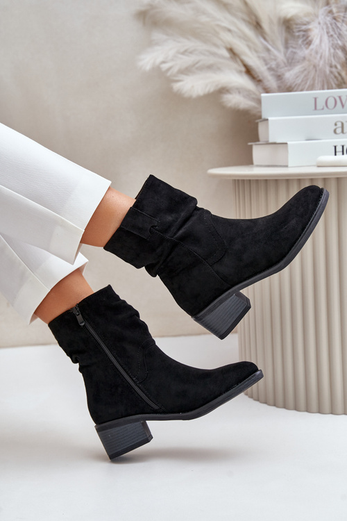 Теплі жіночі ботильйони з присборенным верхом на невисокому каблуці чорні Zinanya