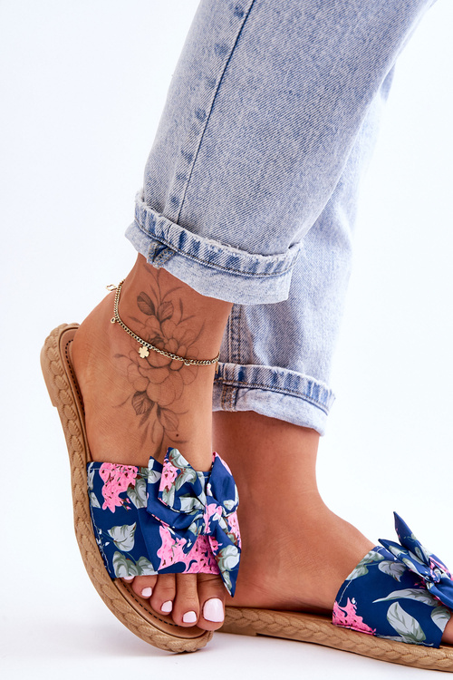 Жіночі тапочки з тканинним бантом темно-сині Blossom