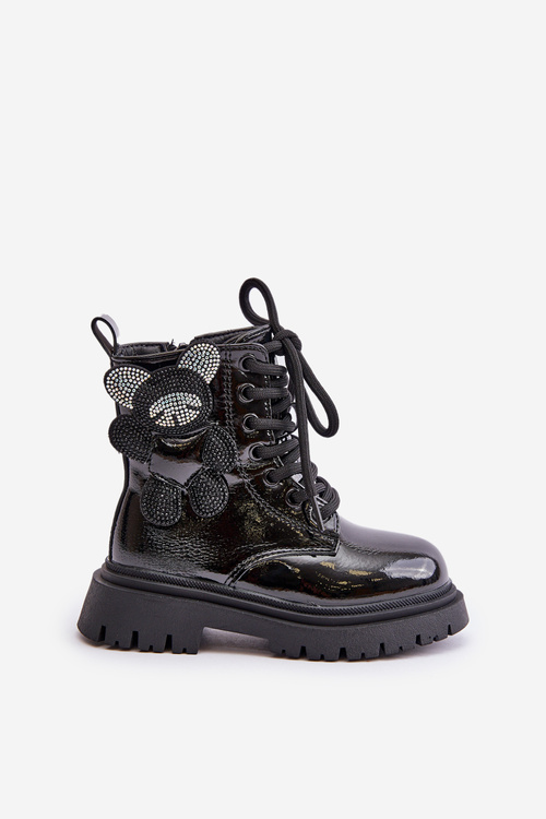 Утеплені чоботи для дівчинки з ведмедиком на блискавці, чорні лаковані Relobia
