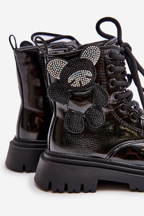 Утеплені чоботи для дівчинки з ведмедиком на блискавці, чорні лаковані Relobia