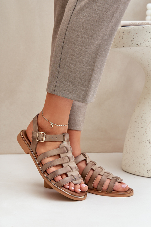 Шкіряні сандалі на плоскому каблуці темно-бежеві Зазу 3686