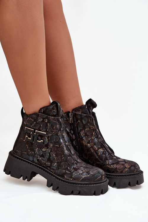 Шкіряні жіночі ботінки з оздобленням підкладені Artiker 57C2084 Чорно-золоті