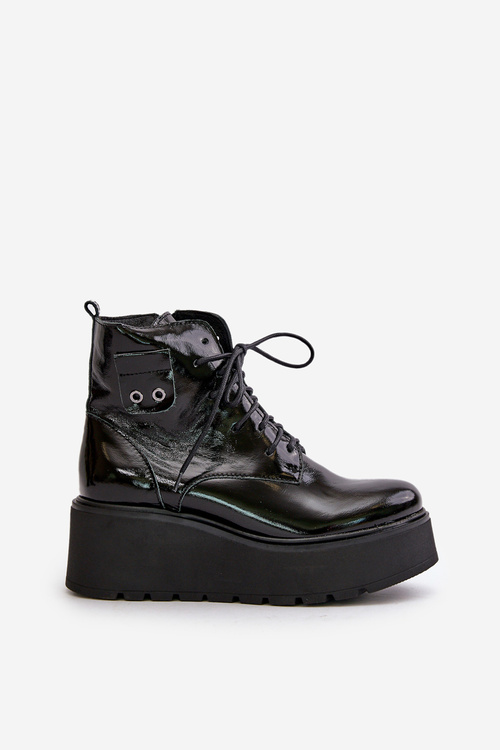 Жіночі лаковані ботильйони Zazoo 60499 на платформі та танкетці утеплені з натуральної шкіри темно-зелені