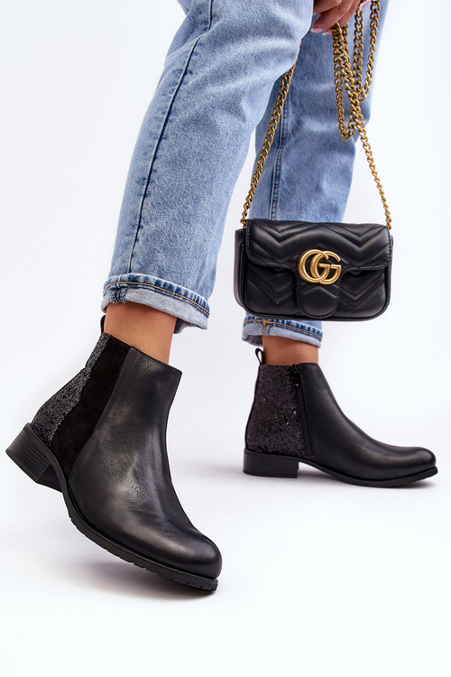 Жіночі ботильйони на плоскому каблуці з паєтками чорного кольору Messio