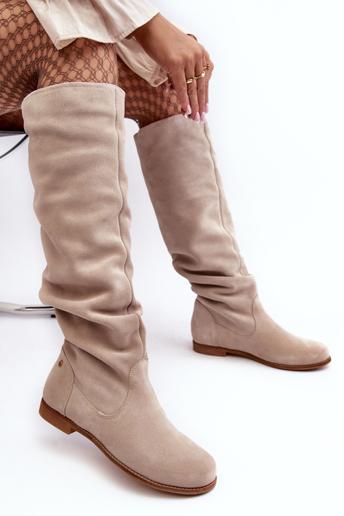 Жіночі замшеві чоботи до коліна Maciejka 05790-22 світло-бежевий