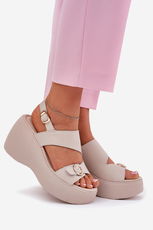 Шкіряні Жіночі Сандалі На Котурі І Платформі S.Barski LR51-540 Бежеві