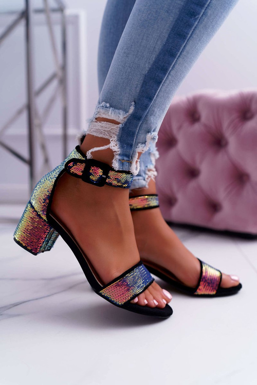 Жіночі босоніжки на шпильці Lu Boo з райдужними блискітками чорного кольору Tindal