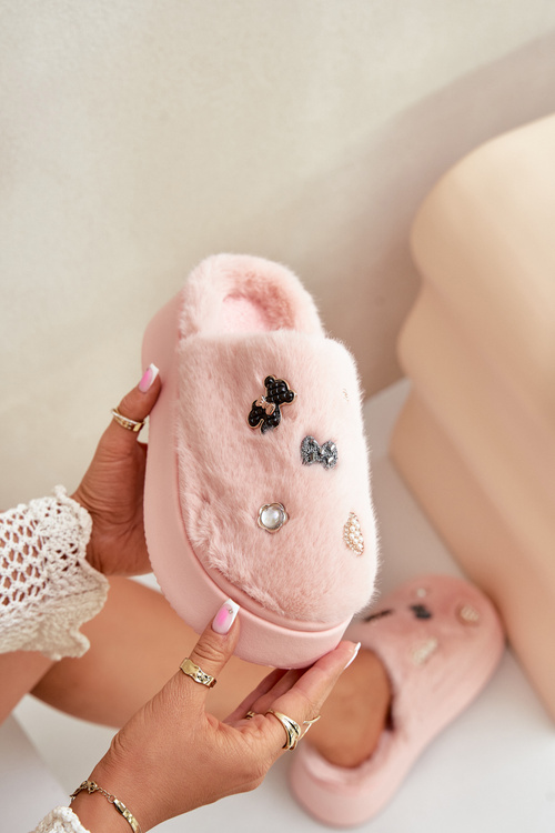 Жіночі пухнасті тапочки на товстій підошві зі шпильками Рожева цинторія