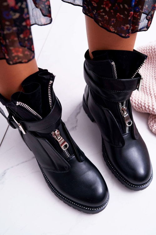 Жіночі черевики на плоскій каблуці мілітарі чорні Travist