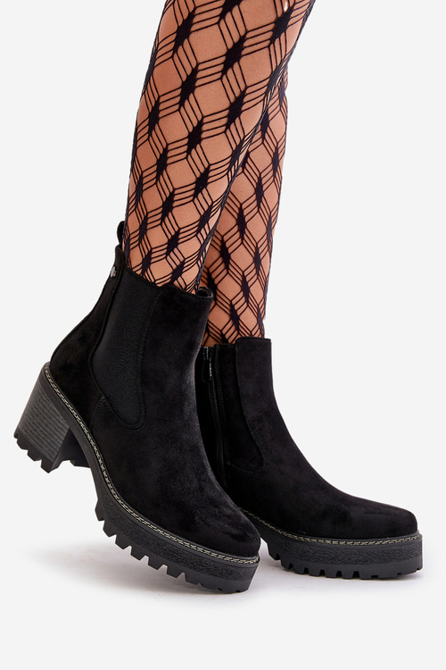 Жіночі теплі ботильйони на каблуці Еко Замша Чорні Irissinae
