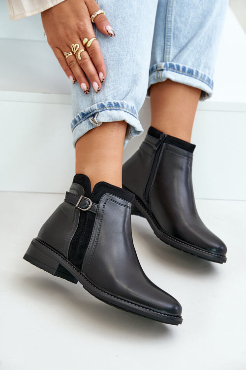 Теплі жіночі ботильйони на низькому ходу та блискавці з екошкіри Taitha чорного кольору