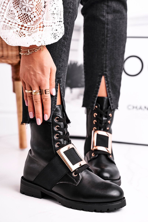 Чоботи жіночі із золотою пряжкою чорні Happy Su