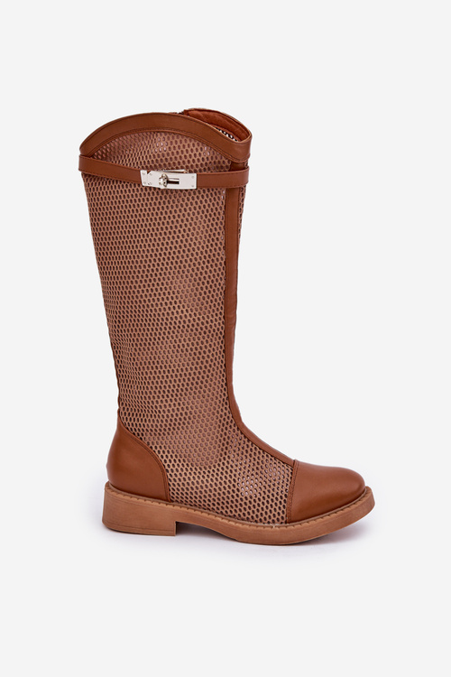 Сітчасті Чоботи На Плоскому Каблуку До Половини Ікри Коричневі Asgerda