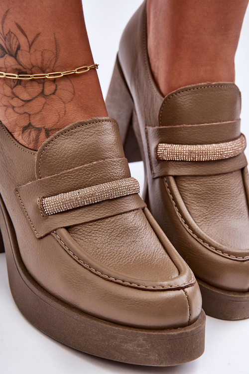 Шкіряні напівчоботи на каблуці з декором Темно-бежевий Gelanor