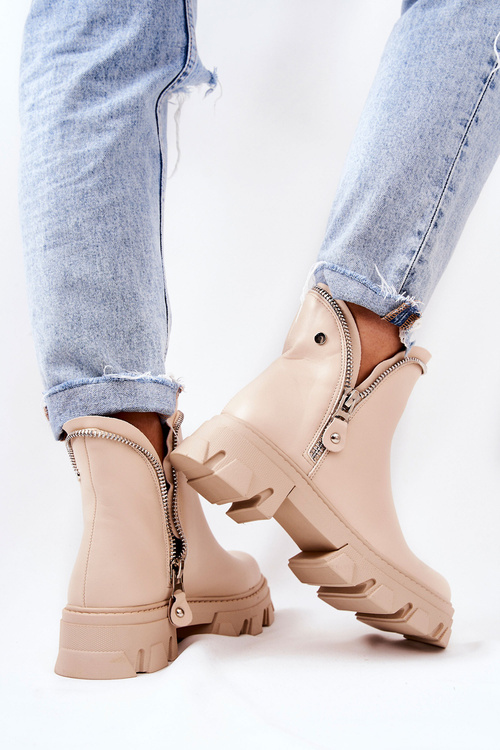 Шкіряні чоботи Декоративні блискавки бежеві Deborah
