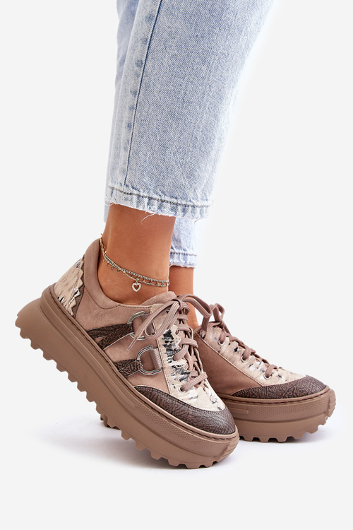 Жіночі шкіряні кросівки на платформі Maciejka 06562-10 Темно-бежеві