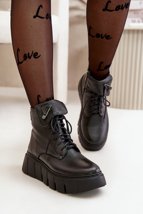 Жіночі шкіряні ботильйони Zazoo 60511 на платформі, утеплені чорні