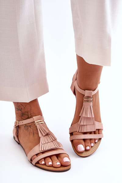 Замшеві босоніжки на плоскій підошві з бахромою Viva