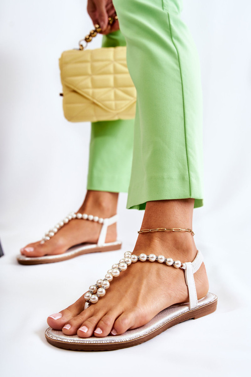 Модні Босоніжки В'єтнамки З Перлами Білі Isalia