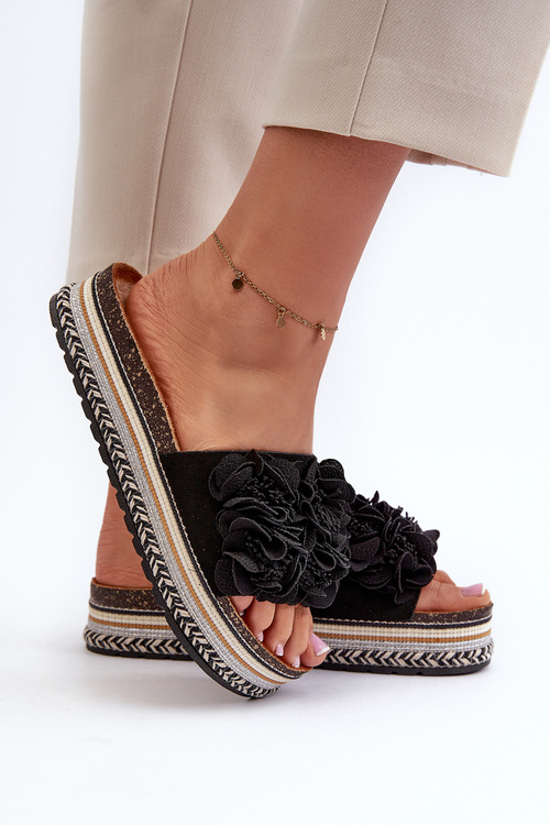 Жіночі босоніжки на платформі, прикрашені квітами Чорні Nodina
