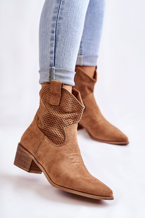 Замшеві ажурні ковбойські чоботи з відстрочкою Camel Elvire