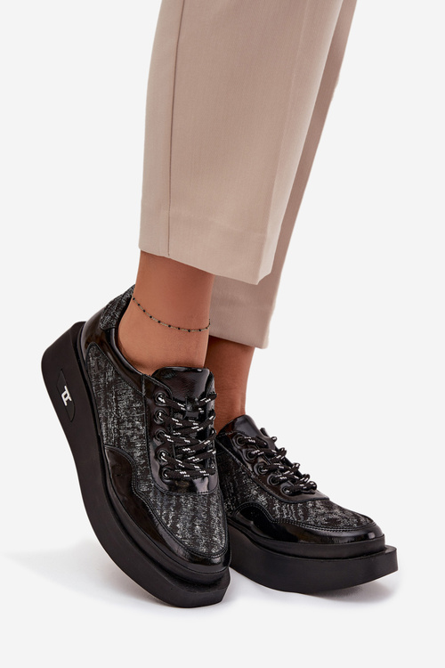 Шкіряне жіноче взуття на шнурках на платформі Artiker 57C2043 Чорно-сріблясті