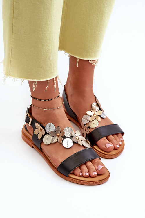 Жіночі шкіряні босоніжки, прикрашені квітами Laura Messi 2762 Чорні