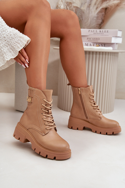 Жіночі ботильйони на блискавці зі шнурівкою з еко шкіри бежевого кольору Naolani
