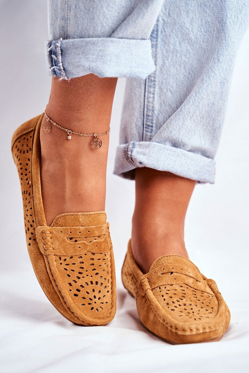 Замшеві ажурні мокасини жіночі S.Barski Camel