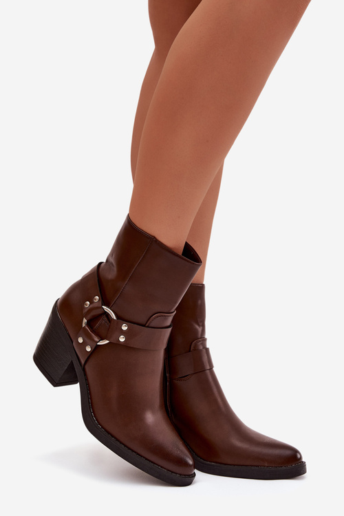 Зігріті жіночі черевики на каблуці з декоративним елементом коричневі Jurelle