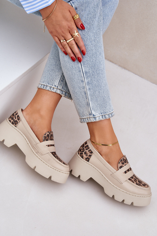 Шкіряні Жіночі Мокасини На Платформі І Плоскому Каблуці Леопардові Світло-бежеві Зазу 20191