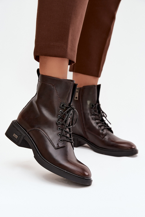 Жіночі чоботи з натуральної шкіри на низькому каблуці утеплені Vinceza 39955 Шоколадні