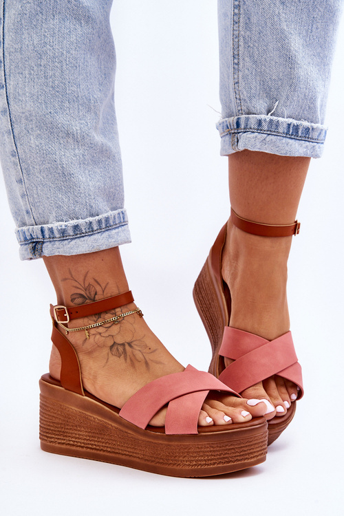 Жіночі зручні босоніжки на танкетці Коричнево-рожеві Laurie