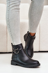 Утеплені ботильйони на плоскій каблуці та декоративному ремінці Чорні Calzina
