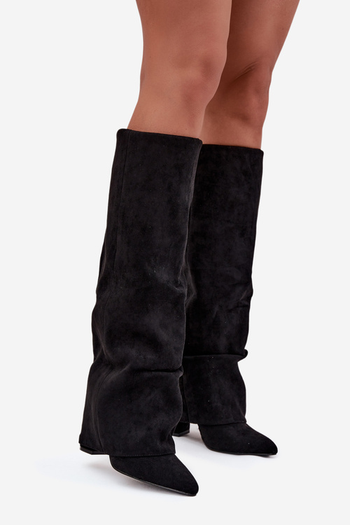 Ізольовані жіночі чоботи з оберненою гіркою на підборах еко замш чорний Elivira