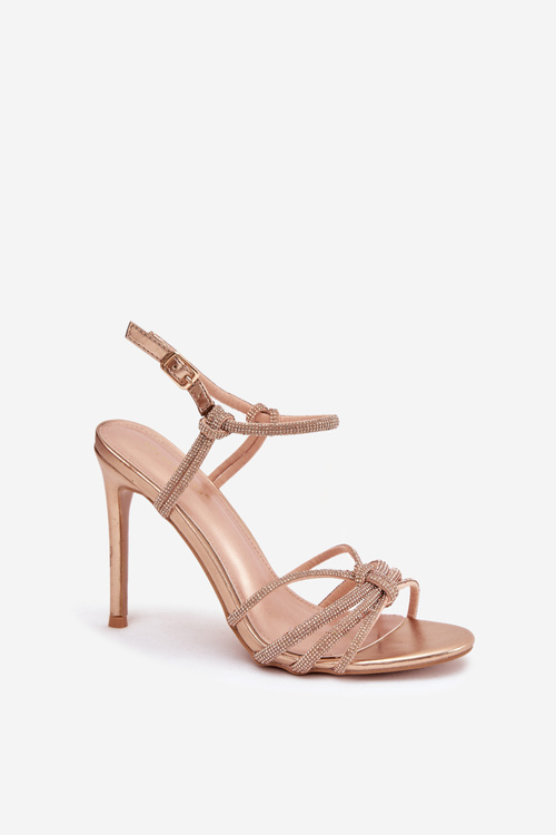 Жіночі сандалі на підборах з ремінцями і стразами шампанське Tanelle