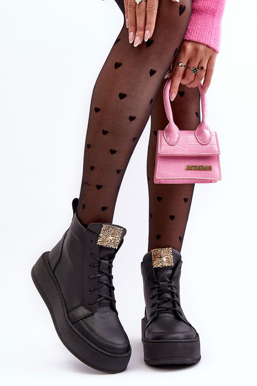 Чоботи жіночі на шнурівці з шкіряним декором Чорні Nicole 2833