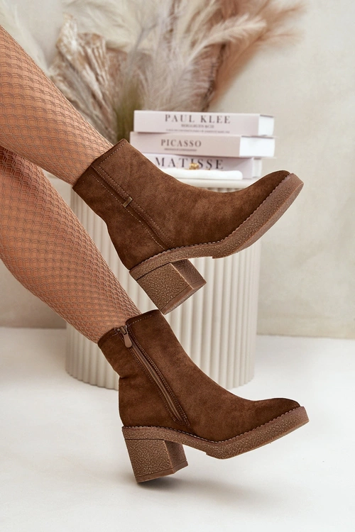 Жіночі чоботи на підборах утеплені еко замша коричневого кольору Arkesia