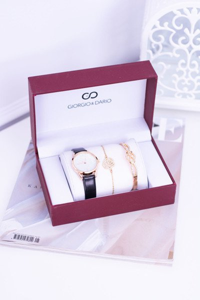 Жіночий чорний годинник Giorgio Dario Set з блискітками та двома золотими браслетами