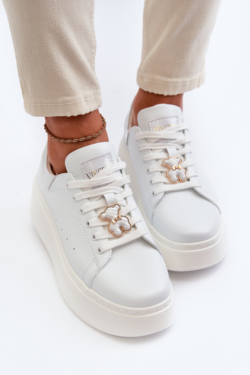 Жіночі шкіряні кросівки на платформі з ведмедиком білі Vinceza 66641