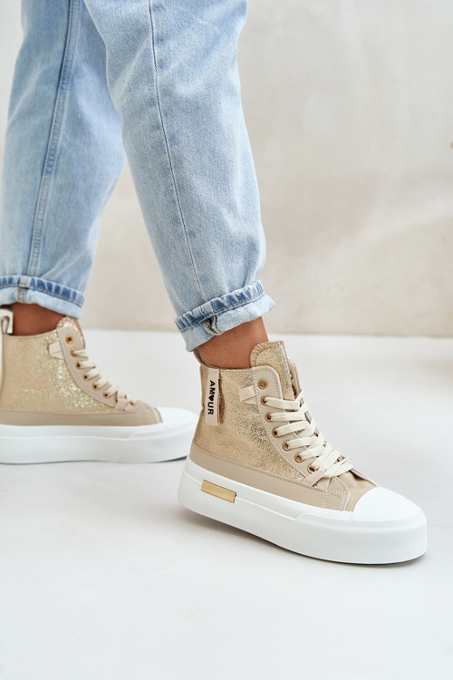 Жіночі високі кросівки на платформі бежево-золоті Averira